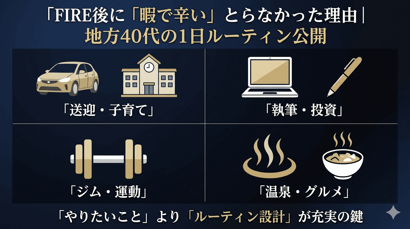 FIRE後に「暇で辛い」とならなかった理由を図解したアイキャッチ画像。ダークネイビー背景にゴールドアクセントで4分割レイアウト。左上に送迎・子育て（車と学校アイコン）、右上に執筆・投資（ノートPCとペン）、左下にジム・運動（ダンベル）、右下に温泉・グルメ（温泉と料理）を配置。下部に「やりたいこと」より「ルーティン設計」が充実の鍵というメッセージ。