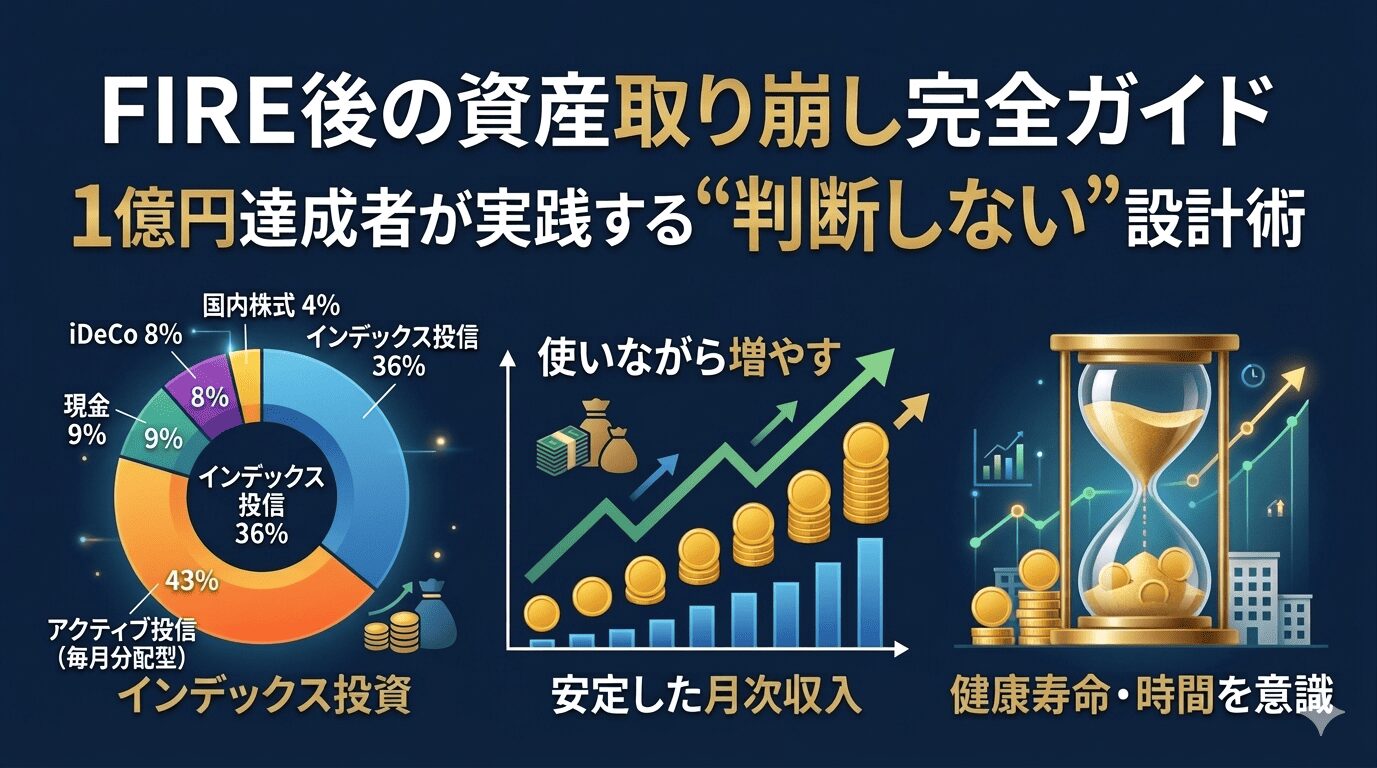 FIRE後の資産取り崩し完全ガイド｜ポートフォリオ円グラフ（インデックス36%・毎月分配型43%・現金9%・iDeCo8%・国内株式4%）・安定した月次収入・健康寿命を意識した資産設計のアイキャッチ画像