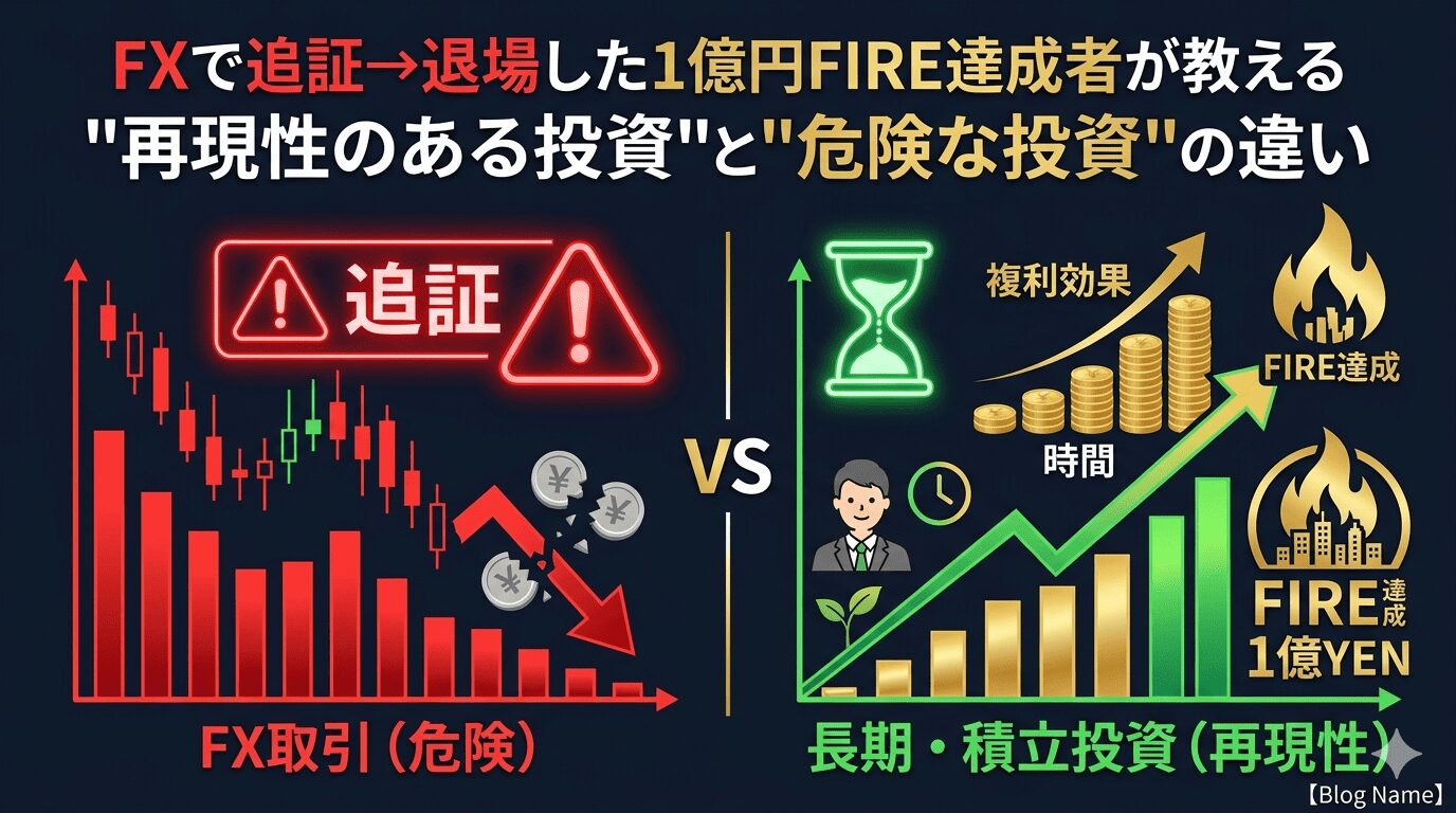 FX追証退場（危険）vs長期積立投資・FIRE達成1億円（再現性）を対比したアイキャッチ画像｜FXで追証→退場した1億円FIRE達成者が教える再現性のある投資と危険な投資の違い
