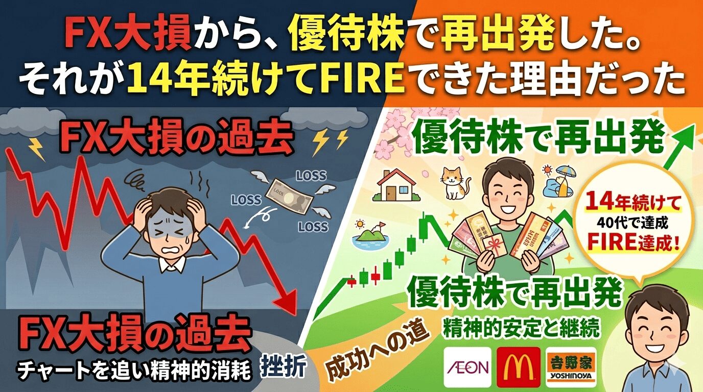 FX大損から優待株で再出発した投資遍歴を図解したアイキャッチ画像。左側にFX大損の過去（チャートを追い精神的消耗・挫折）、右側に優待株で再出発（イオン・マクドナルド・吉野家の優待を手にして精神的安定と継続）を対比。14年続けて40代でFIRE達成という成功への道を表示。