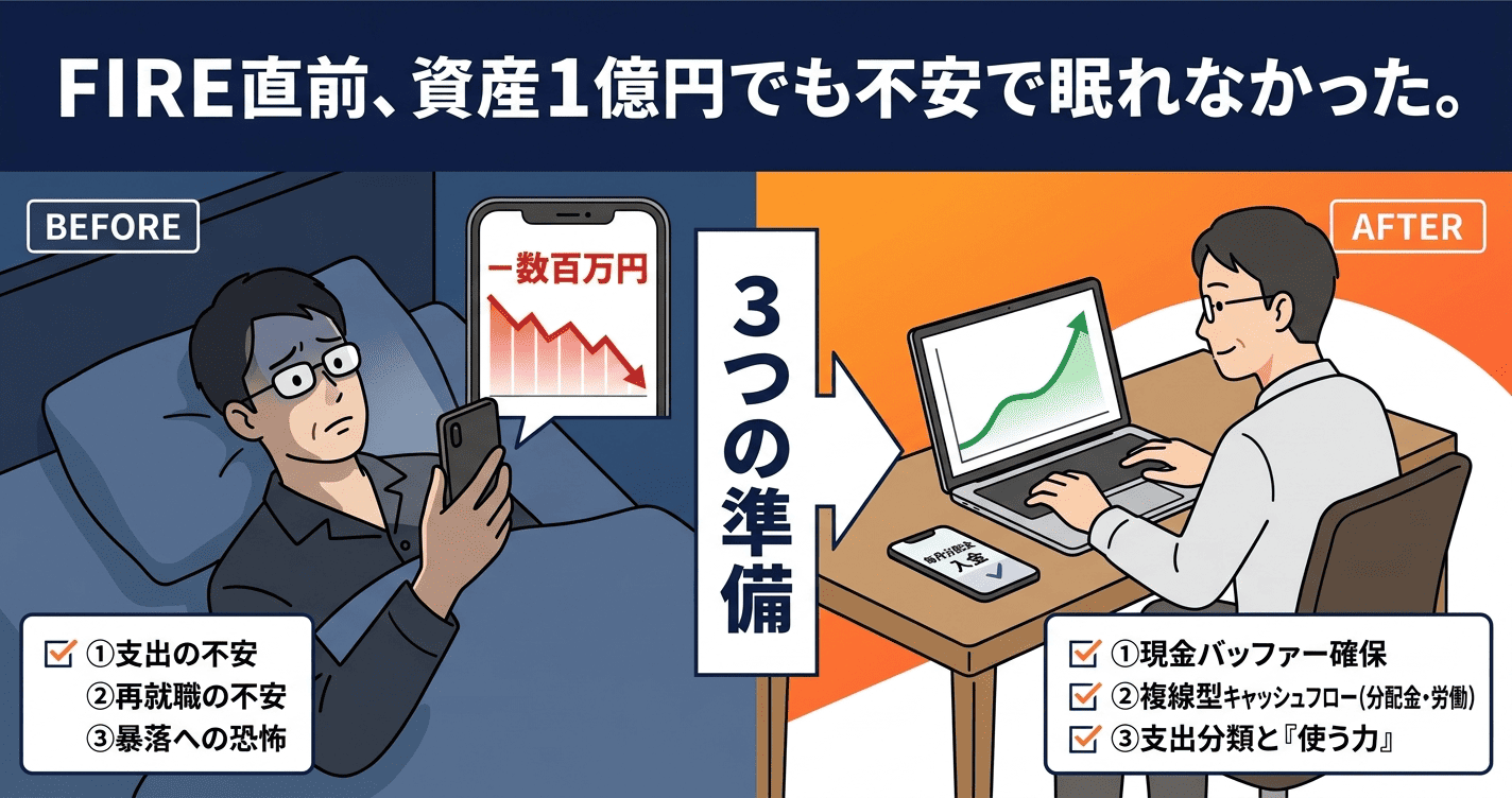FIRE直前に資産1億円でも不安で眠れなかった経験を持つ40代が、3つの準備を経て安定したFIRE生活を実現したことを示すBEFORE・AFTERの比較図。左側は暗い部屋でスマートフォンの下落チャートを見て不安な表情の男性、右側は右肩上がりのグラフとともに明るい環境で作業する男性。