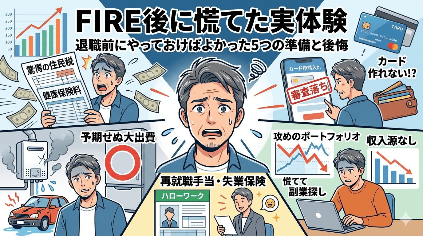 FIRE後に慌てた実体験を表すアイキャッチ画像。驚愕の住民税・健康保険料、カード審査落ち、予期せぬ大出費（給湯器・車）、攻めのポートフォリオによる慌てた副業探し、再就職手当・失業保険の活用を図解。