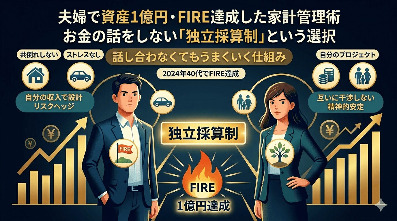 夫婦で資産1億円・FIRE達成した家計管理術のアイキャッチ画像。お金の話をしない「独立採算制」という選択をテーマに、共倒れしない・ストレスなし・互いに干渉しない・自分のプロジェクトというキーワードを図解。2024年40代でFIRE達成・1億円達成の実体験を表す。