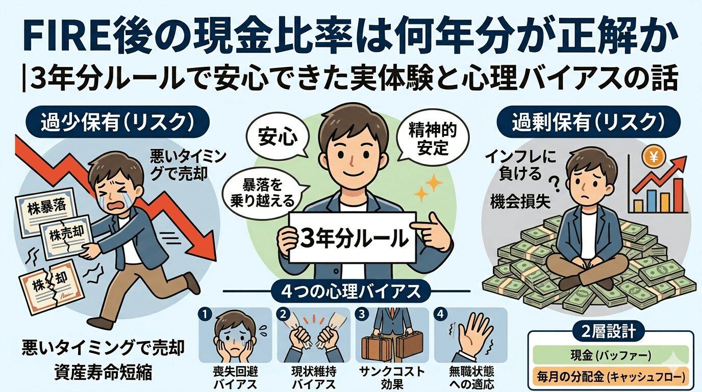 FIRE後の現金比率をテーマにしたアイキャッチ画像。左に過少保有リスク（株暴落時に悪いタイミングで売却・資産寿命短縮）、中央に3年分ルールで暴落を乗り越える安心・精神的安定の図解、右に過剰保有リスク（インフレに負ける・機会損失）を対比。下部に喪失回避バイアス・現状維持バイアス・サンクコスト効果・無職状態への適応の4つの心理バイアスと、現金バッファー＋毎月の分配金キャッシュフローの2層設計を表示。