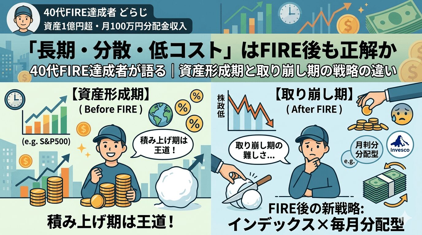 「長期・分散・低コスト」はFIRE後も正解かを図解したアイキャッチ画像。40代FIRE達成者どらじ（資産1億円超・月100万円分配金収入）が、資産形成期（Before FIRE）と取り崩し期（After FIRE）の戦略の違いを左右に対比。左は積み上げ期の王道としてS&P500等インデックス投資、右はFIRE後の新戦略としてインデックス×毎月分配型（インベスコ等）を紹介。