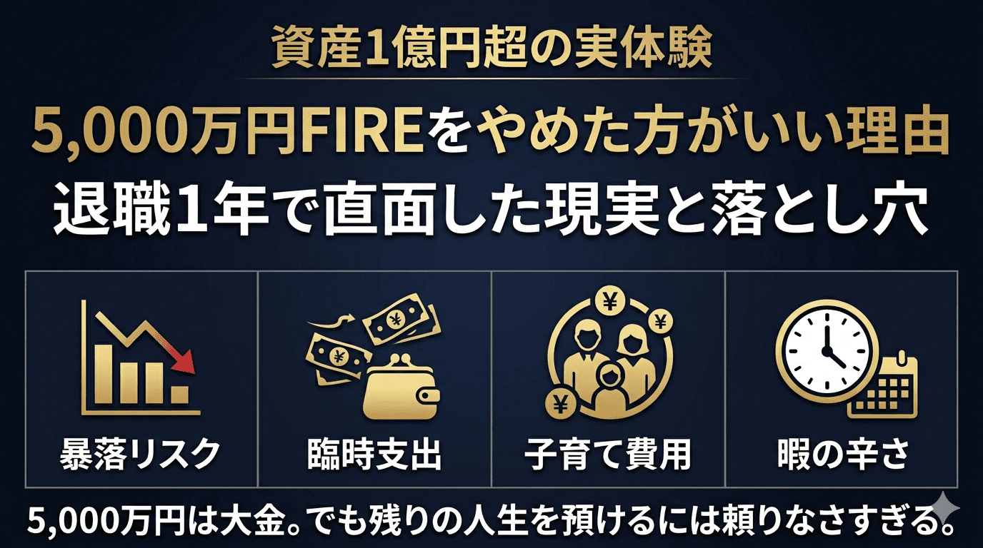 5,000万円FIREをやめた方がいい理由を図解したアイキャッチ画像。ダークネイビー背景にゴールドアクセント。上部に「資産1億円超の実体験」、中央に記事タイトル、下部に暴落リスク・臨時支出・子育て費用・暇の辛さの4つのアイコンを横並びで表示。最下部に「5,000万円は大金。でも残りの人生を預けるには頼りなさすぎる。」のメッセージ。