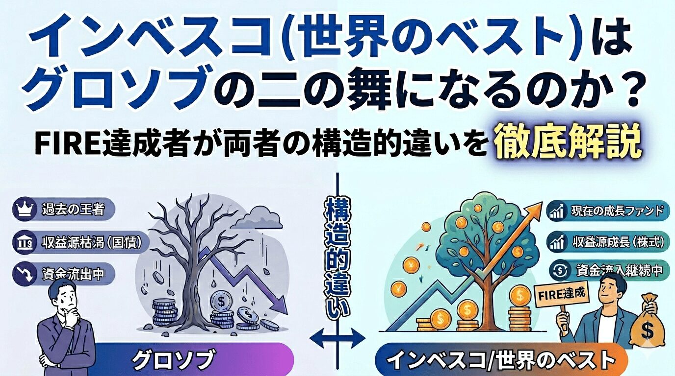 「インベスコ（世界のベスト）はグロソブの二の舞になるのか？」をテーマにした記事のアイキャッチ。FIRE達成者が両者の構造的違いを対比図で徹底解説します。