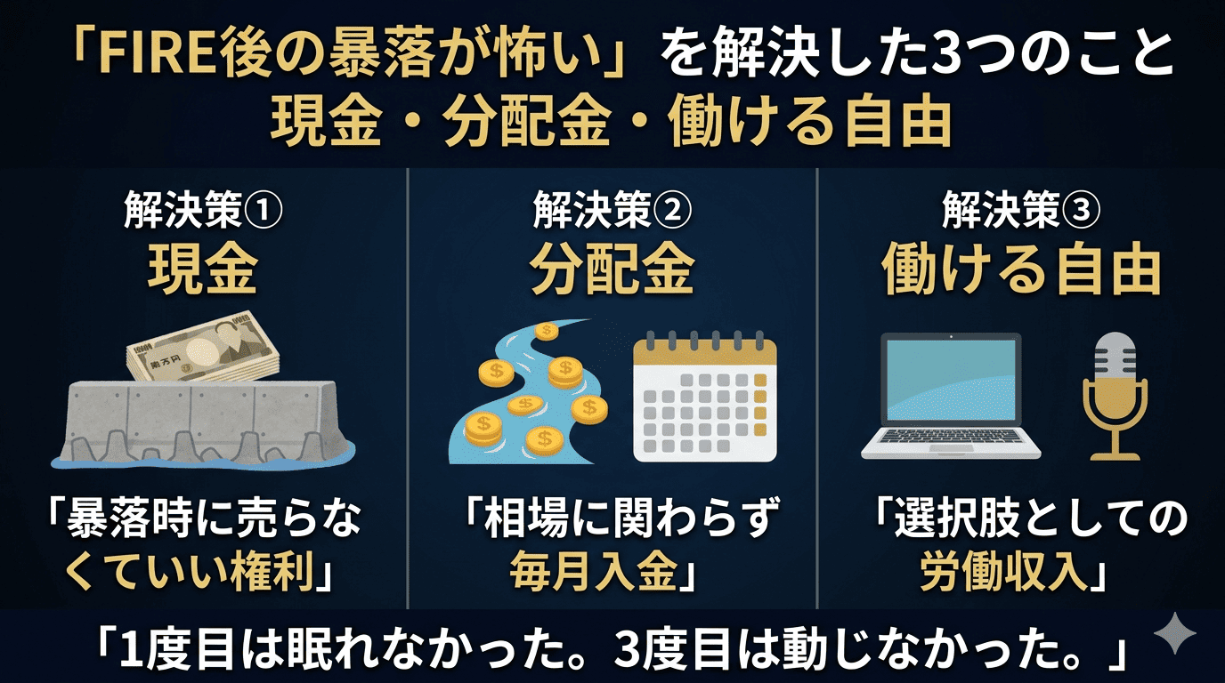 「FIRE後の暴落が怖い」を解決した3つのことを図解したアイキャッチ画像。ダークネイビー背景にゴールドアクセント。左から解決策①現金（防波堤と札束アイコン・暴落時に売らなくていい権利）、解決策②分配金（コインの流れとカレンダーアイコン・相場に関わらず毎月入金）、解決策③働ける自由（ノートPCとマイクアイコン・選択肢としての労働収入）を3列で表示。下部に「1度目は眠れなかった。3度目は動じなかった。」